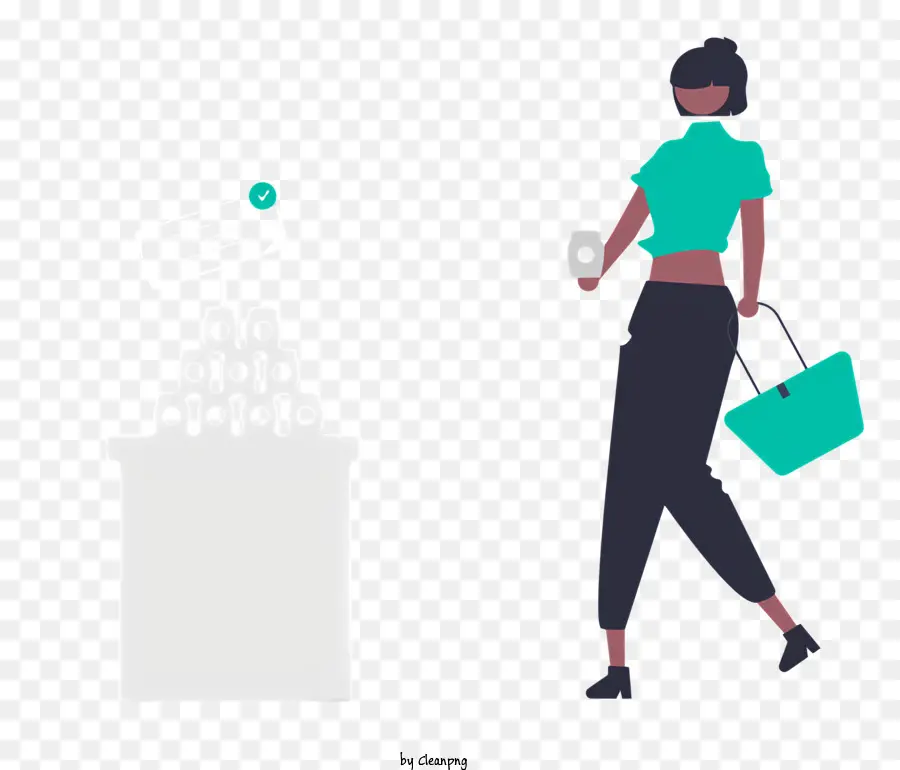 túi mua sắm - Người phụ nữ hoạt hình với túi mua sắm bên cạnh kệ 