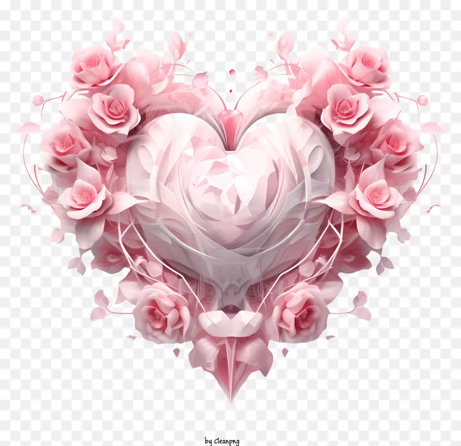trái tim - Trái tim 3D kỹ thuật số với đồ trang trí hoa trên nền đen