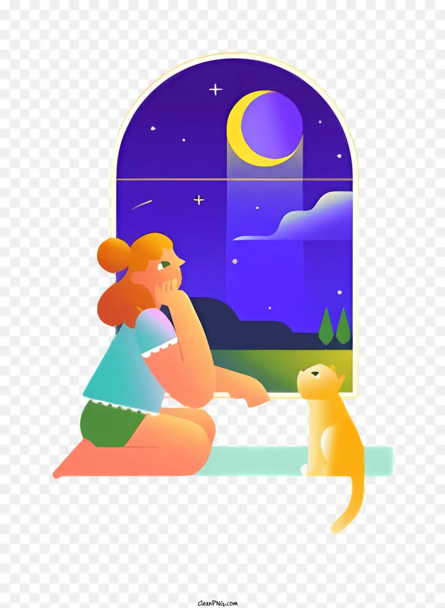 Woman Night Sky Window Moon Stars - Donna e gatto guardano pacificamente al cielo notturno