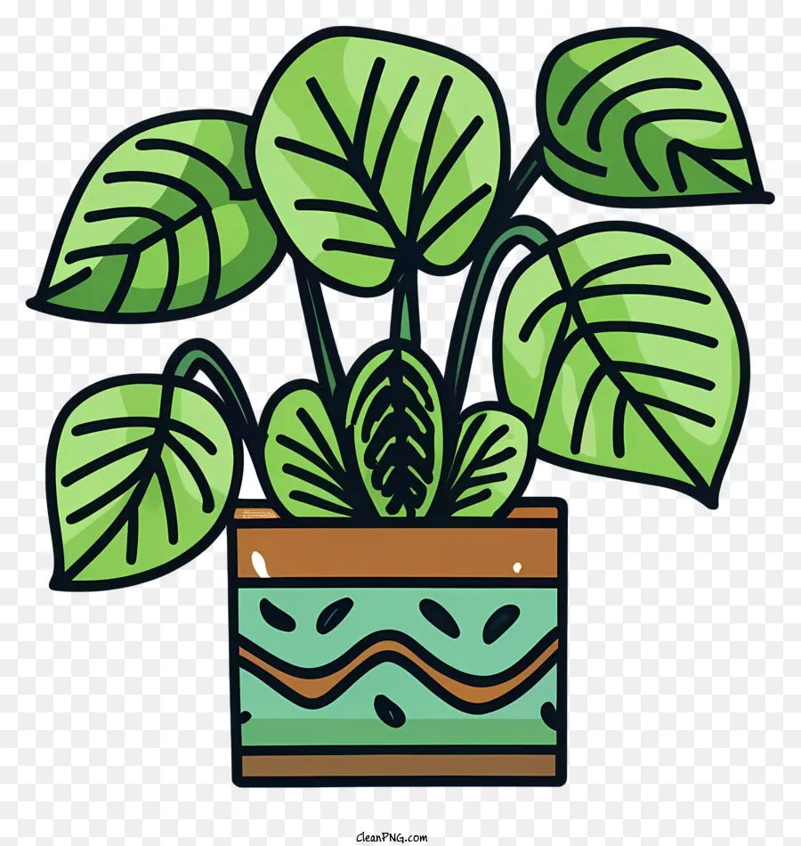 Bunte Pflanze zeichnen grüne Blätter und Stiele lebendige grüne Blätter dunkelgrüne Stammblätter im Topf - Farbenfrohe Pflanze im Topf mit Blättern und Stielen