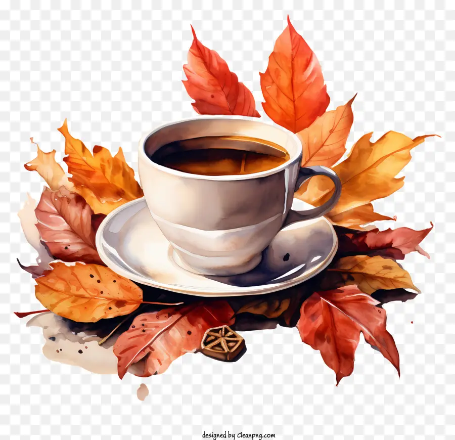 Tasse Kaffee - Heißer Kaffee, Herbstblätter, dunkler Hintergrund, schwarz