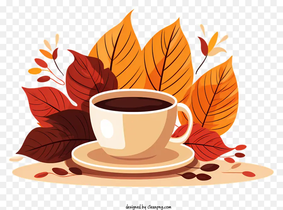 cốc cà phê - Cà phê được bao quanh bởi những chiếc lá mùa thu trên nền đen