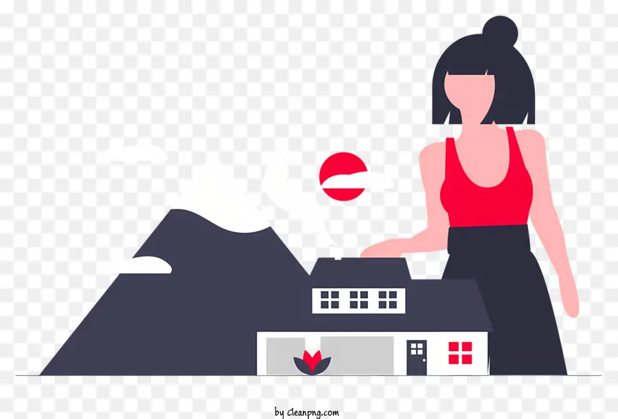 Woman House Chimney Smoke Red Top - Immagine in bianco e nero della donna vicino a casa