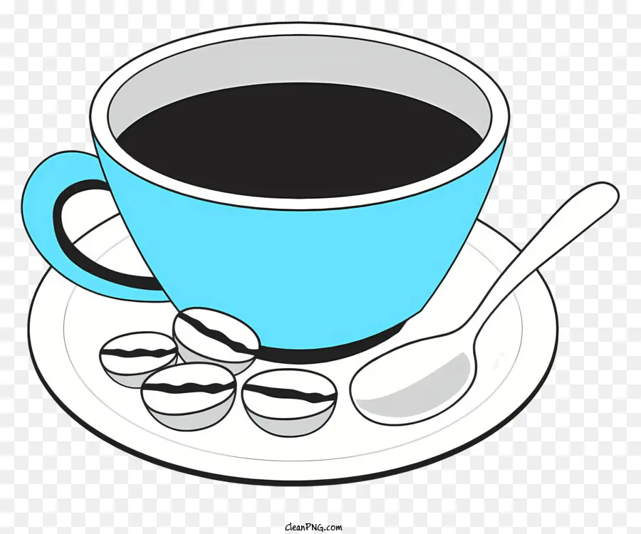 Kaffeebohnen - Blaue Tasse mit Löffel, Untertasse, verschüttete Kaffeebohnen
