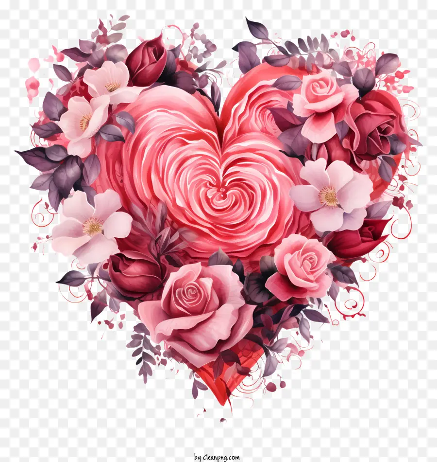 Herzförmige Rosen rosa Rosenkunst Blumenarrangement romantische Kunstwerke Blumenherz Design - Realistisches rosa Rosenherz auf schwarzem Hintergrund