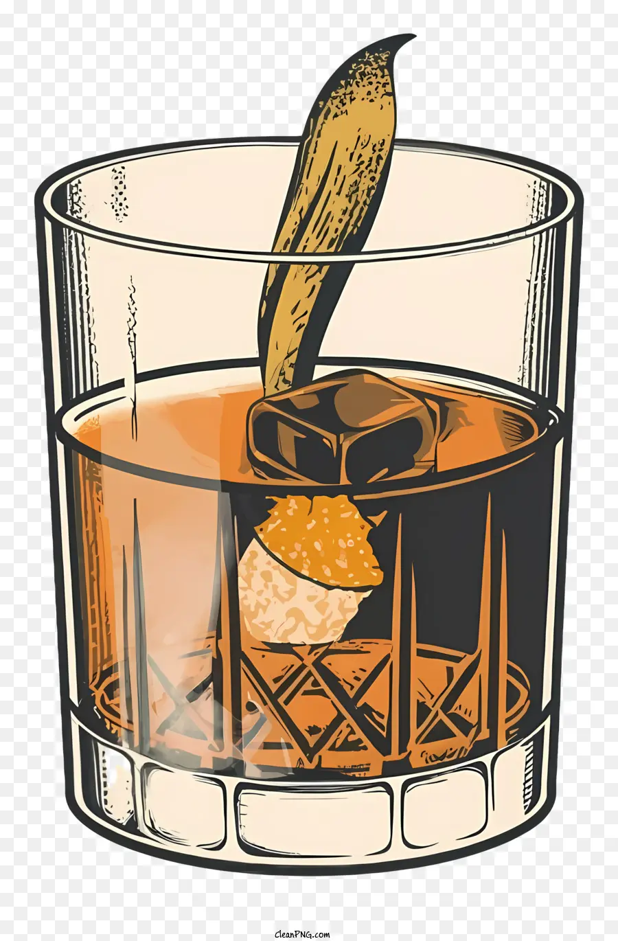 bicchiere di alcol classico cocktail whisky bere ghiaccio in vetro cannella in bevanda - Disegno del classico cocktail di whisky con bastoncino di cannella