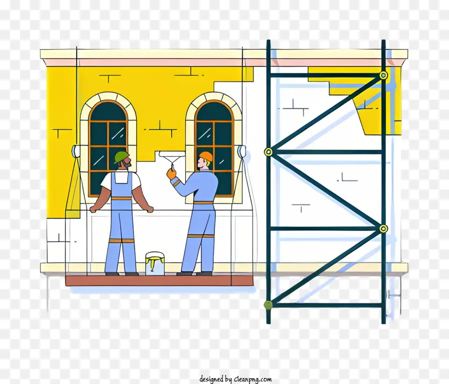 Arbeiter der Baustelle malen Äußeres großes Gebäude - Team von Arbeitern, die Gebäude mit Leitern malten