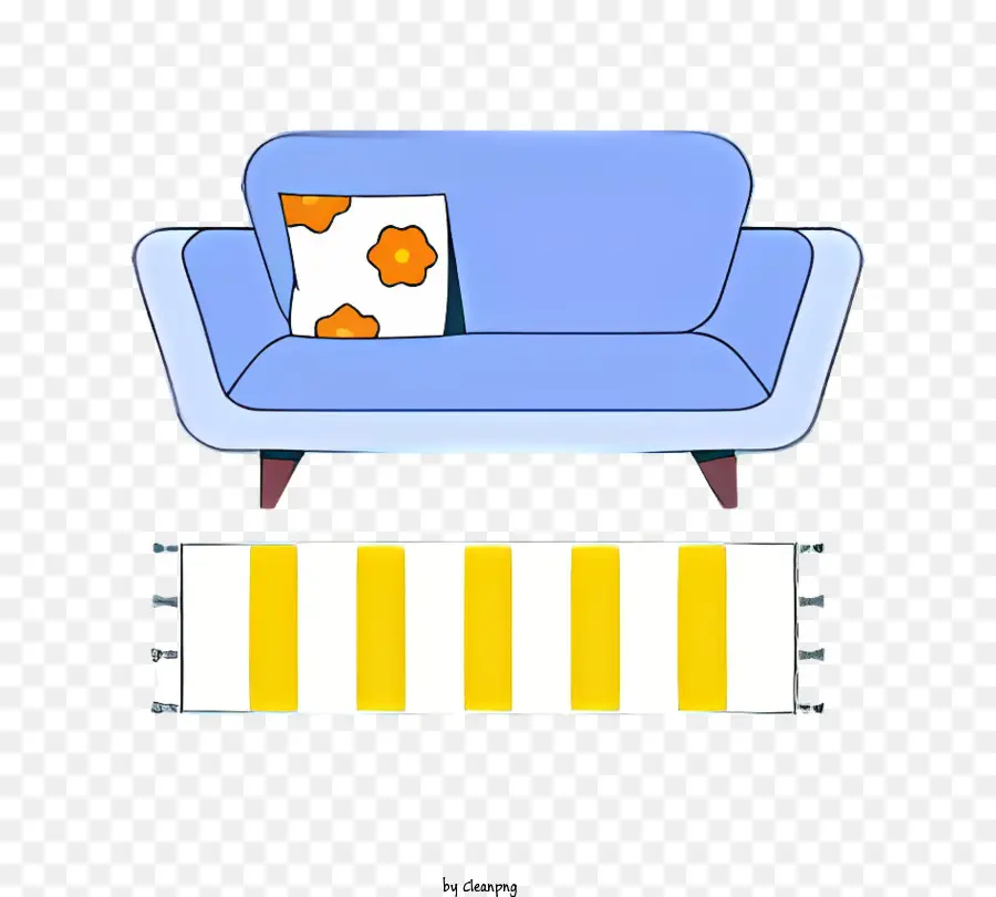 blue couch yellow and orange striped rug wooden frame couch fabric cushion natural fiber rug