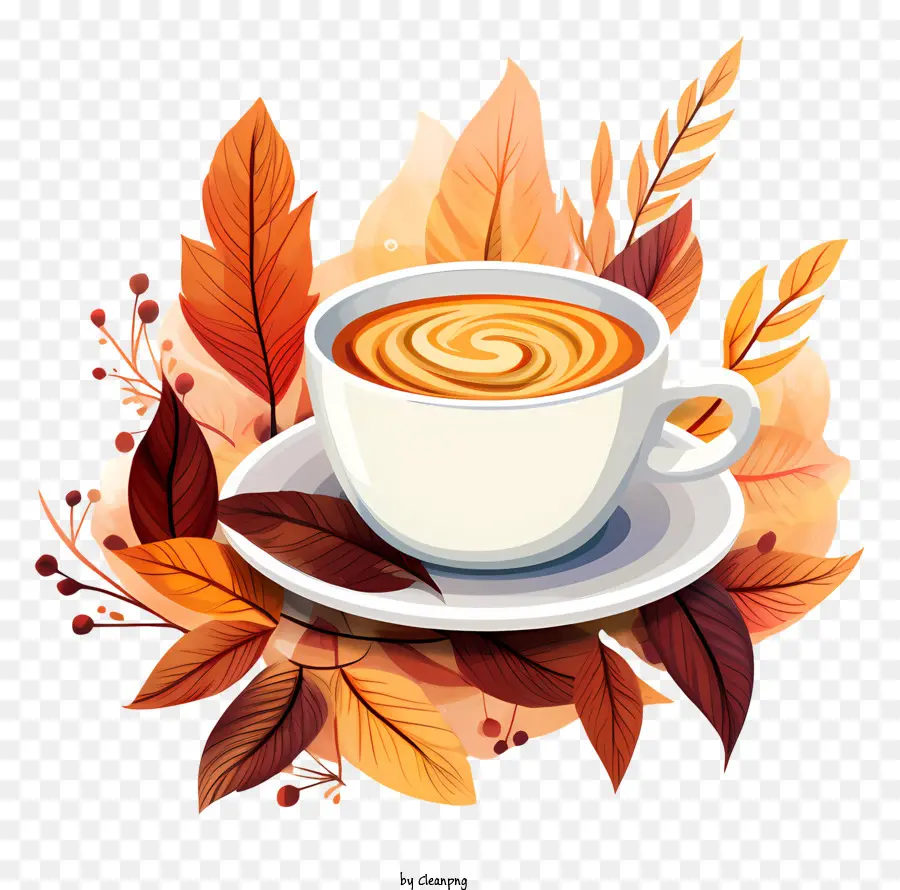 cốc cà phê - Cà phê với thìa, lá mùa thu, nền đen