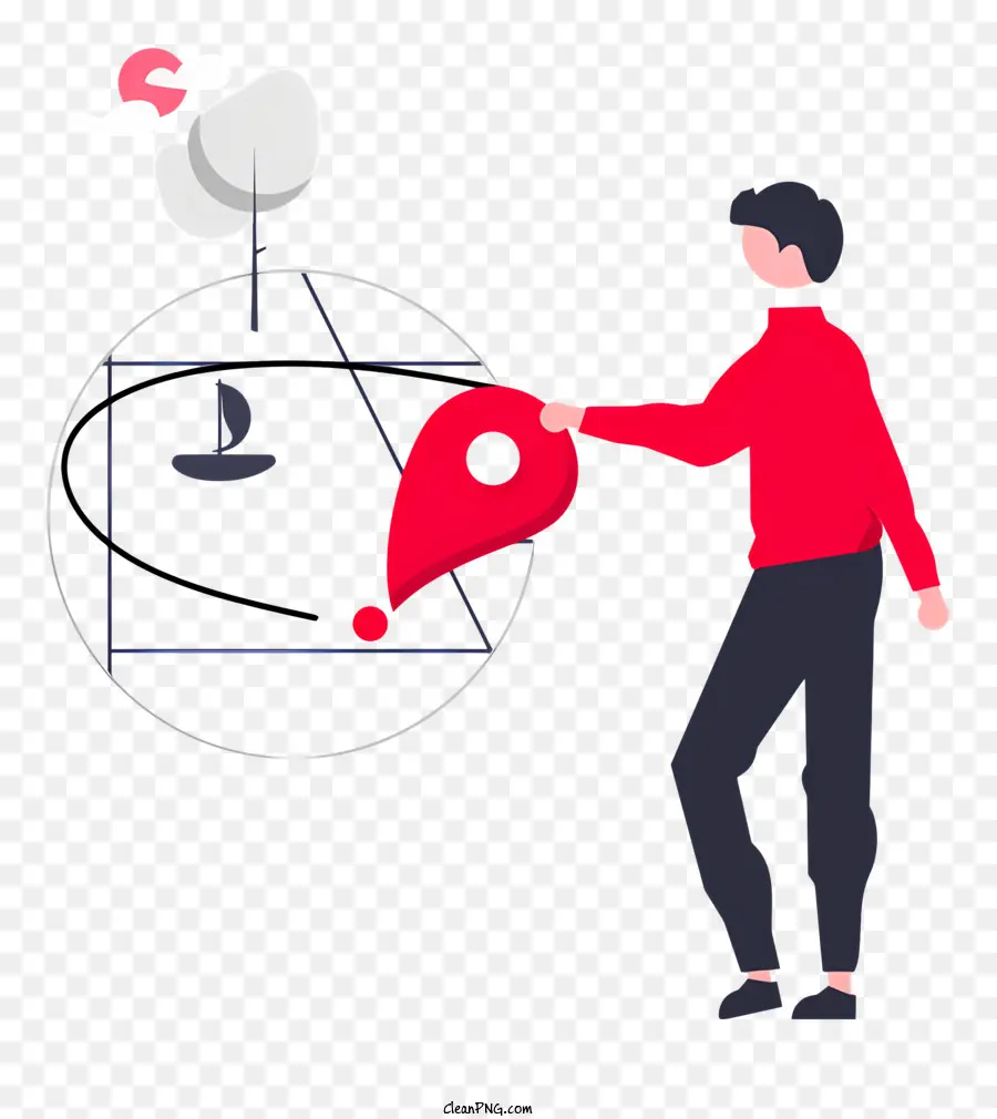 Drehes kreisförmiges Objekt roter Ballon mit Map Man stehend rote Pullover schwarze Hosen - Der Mann hält Kartenballon, lächelt vorne