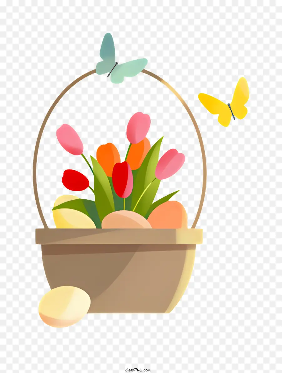 weißen hintergrund - Bunte Tulpen und Schmetterlinge in einem Korb