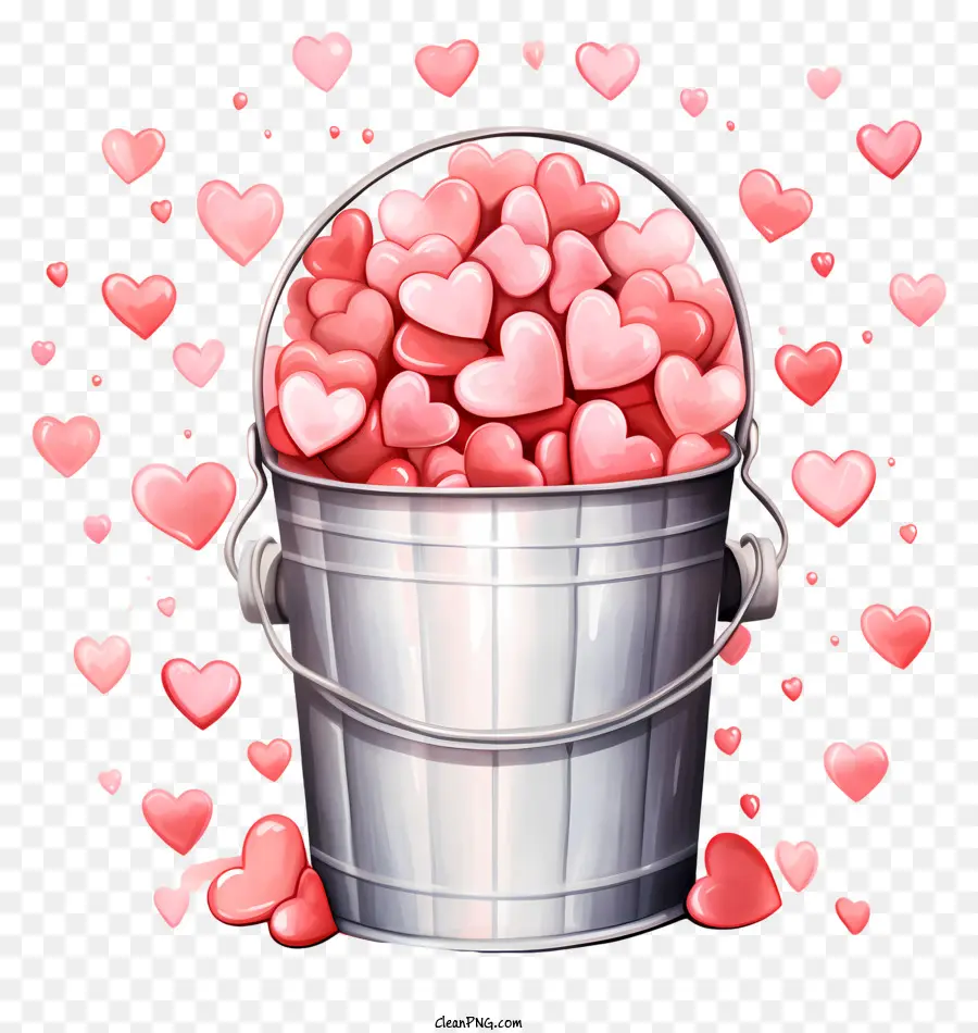 Valentinstag Süßigkeiten herzförmige Süßigkeiten Silber Eimer Rot und rosa Herzen Süßigkeiten überfließen - Festlicher Valentinstags -Eimer mit überfüllten Süßigkeiten