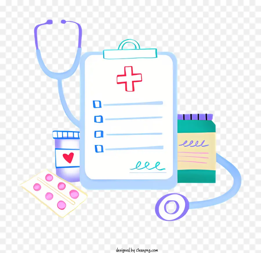 stetoscopio - Grafico medico con stetoscopio, appunti, siringa, farmaci