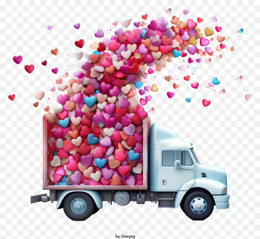 truck filled with hearts hearts pouring out white truck with red cab parked on side of road black and white image