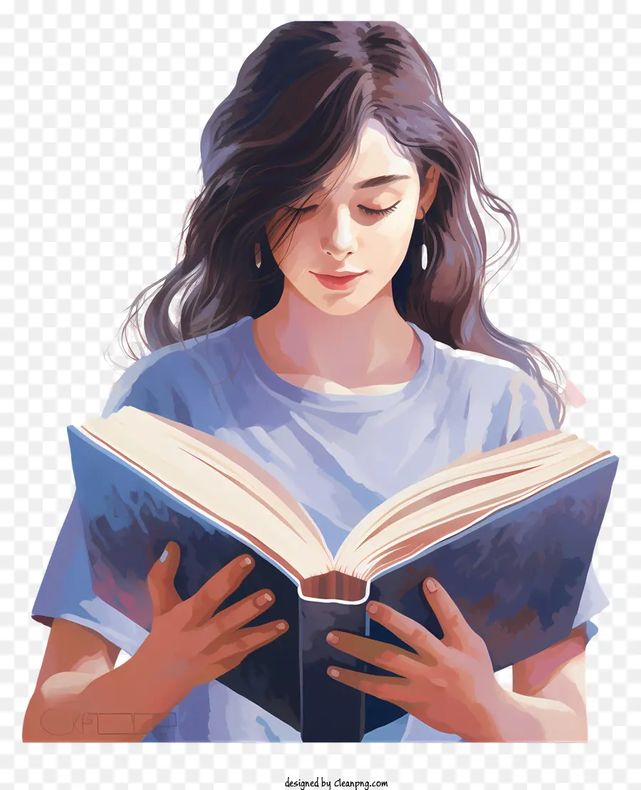 woman reading book blue shirt long dark hair intense concentration