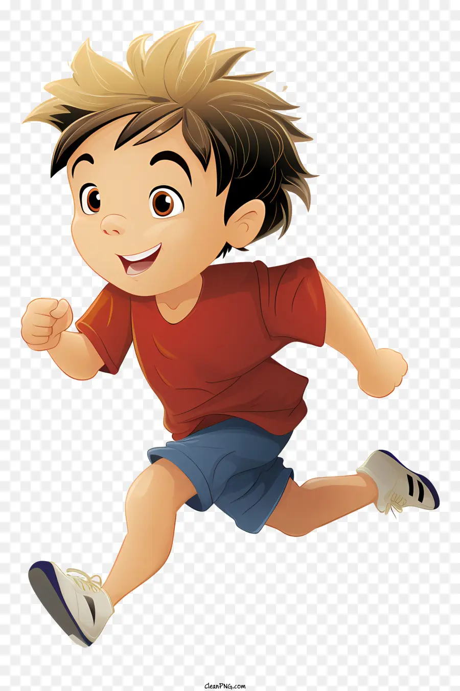 cartoon boy running black background red shirt black shorts
