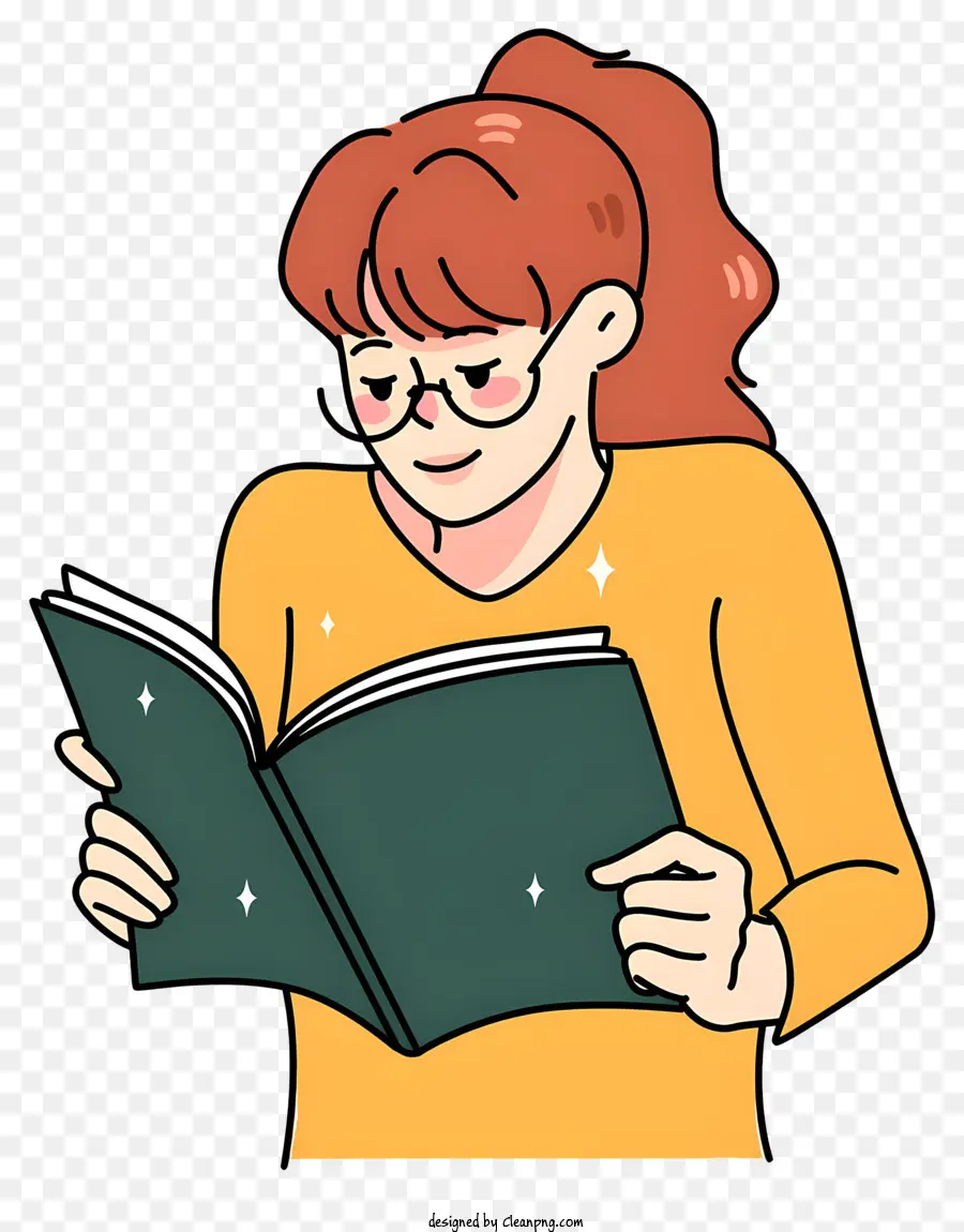 bicchieri - Donna che legge il libro con occhiali, camicia gialla