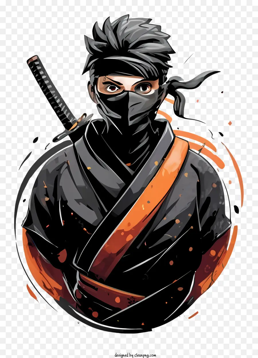 Ninja Black Outfit Orange Arange Sash Swords Face irregolare - Persona vestita da ninja con spade in stanza scura e misteriosa