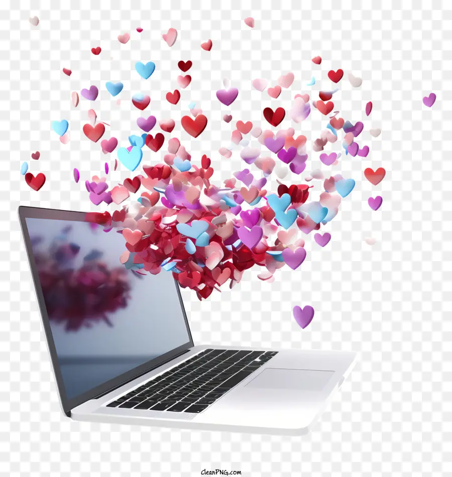 Laptop Herzen Computertechnologie Liebe - Laptop emittiert farbenfrohe Herzen auf schwarzem Hintergrund