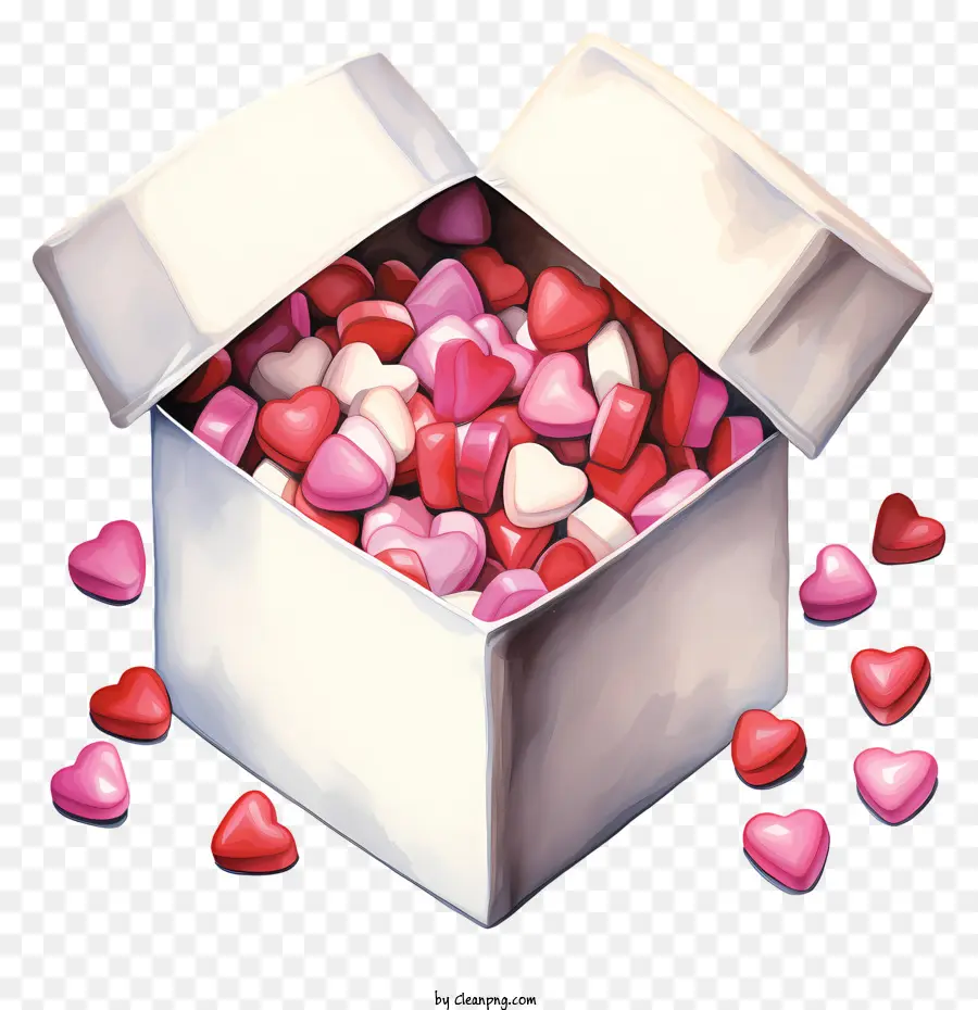 Valentinstag Süßigkeiten weiße Pappkarton rote Süßigkeiten weiße Süßigkeiten weiße Süßigkeiten - Verstreute Valentinstagsbonbons in offener Schachtel