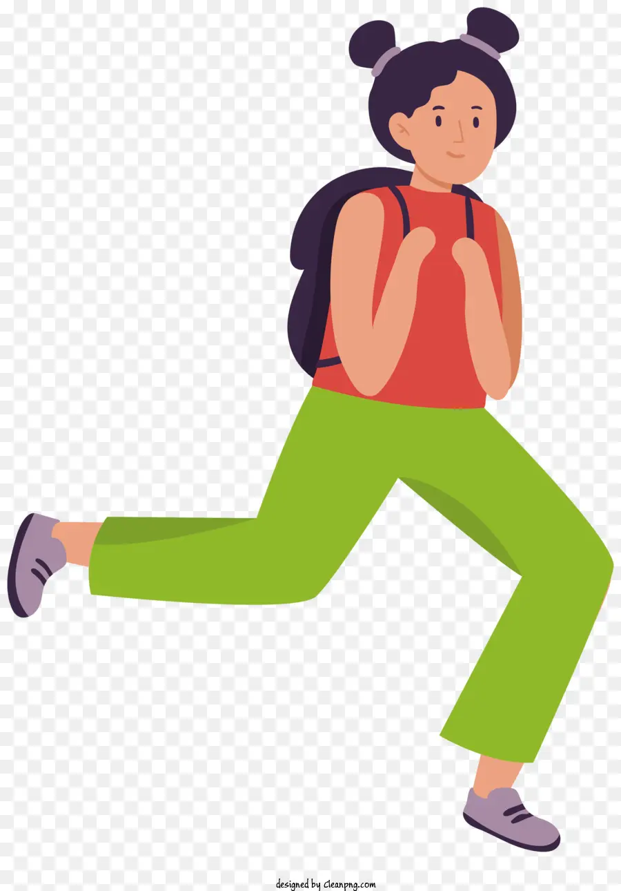 woman running backpack green pants white t-shirt ponytail