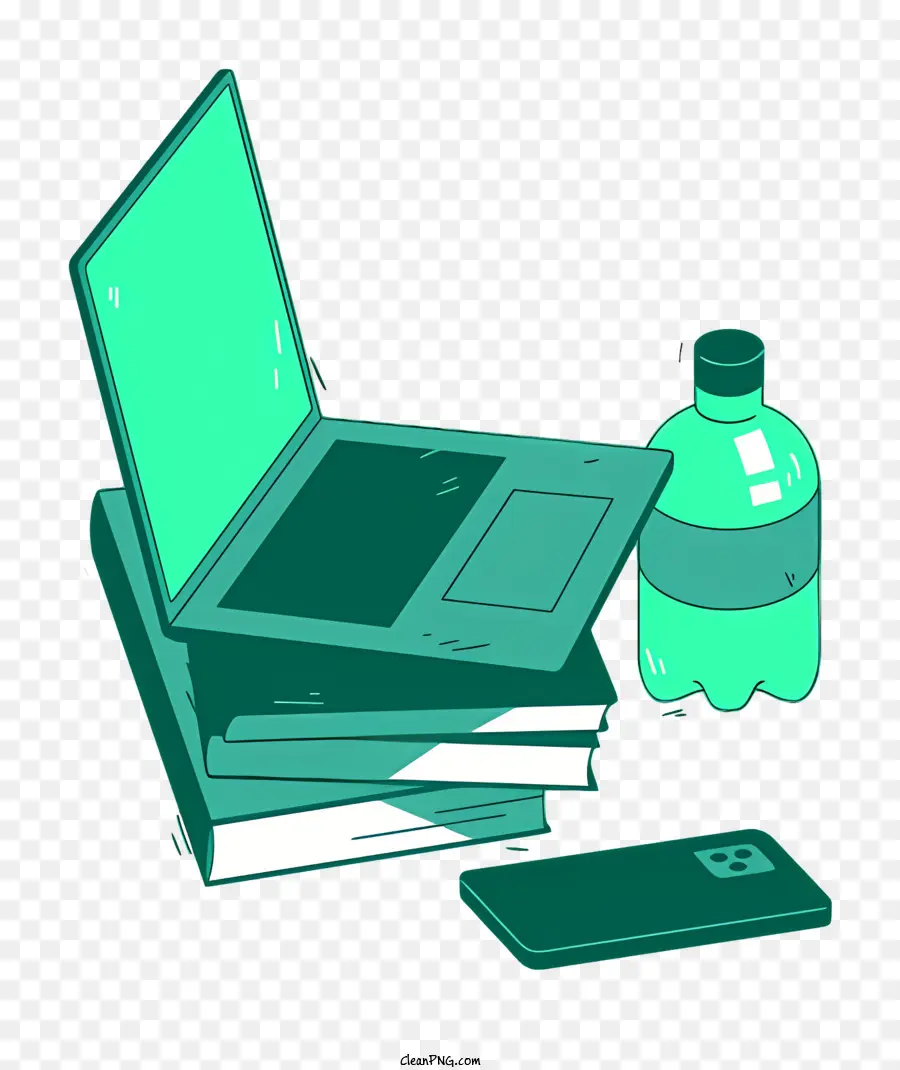 Bücher Laptop -Telefontisch -Tastatur - Bücher, Laptop, Telefon und Wasser am Tisch