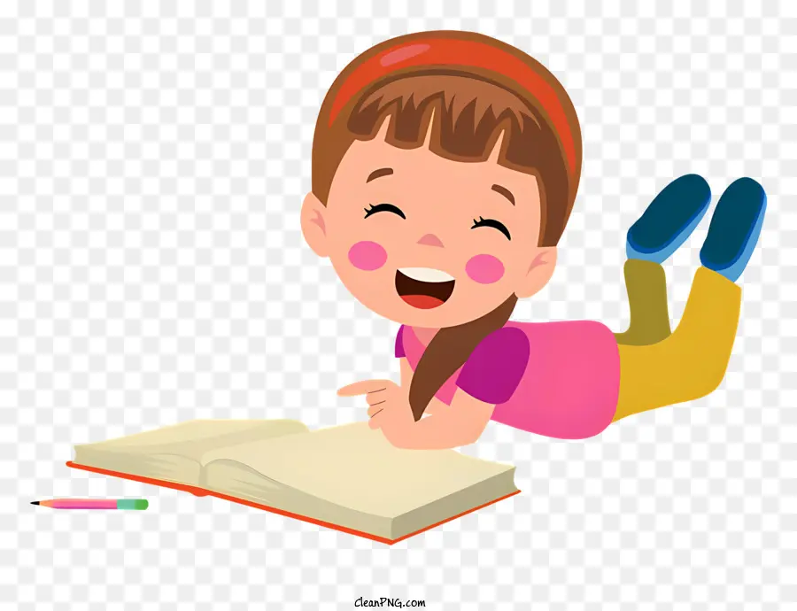 smiling girl lying on stomach legs crossed arms crossed holding book