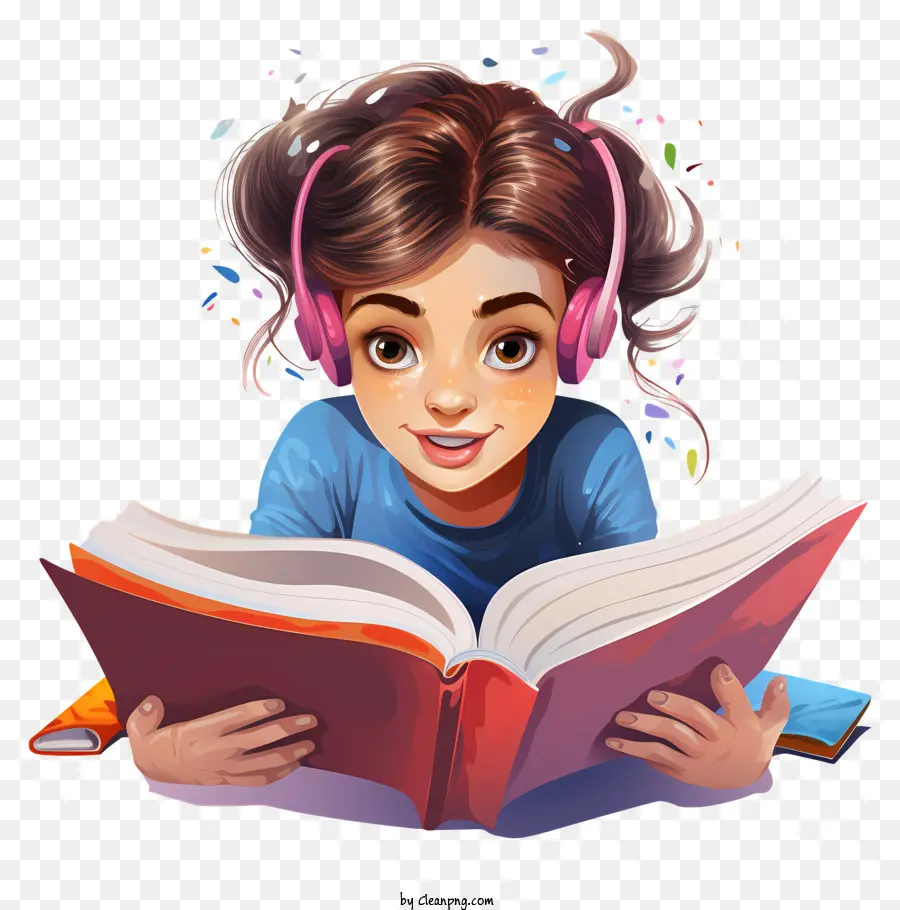 Mädchen liest ein Buch Kopfhörer Entspannung auf den Rücken gekreuzten Beinen - Mädchen liest mit Kopfhörern, Augen geschlossen, glücklich