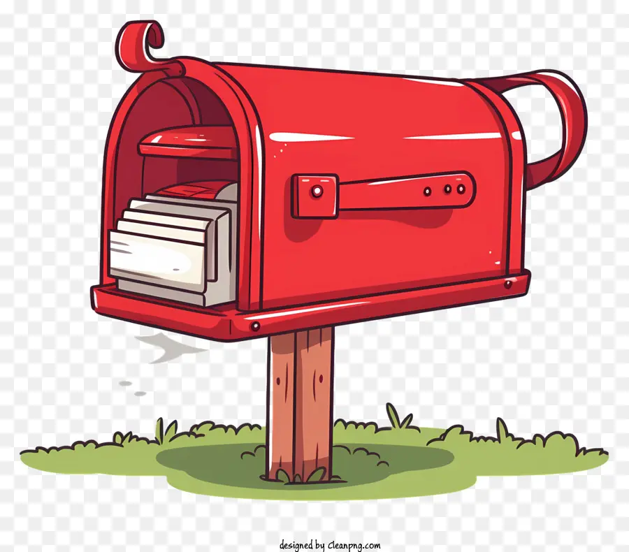 Kleinbaum - Red Mailbox mit weißem Postschlitz auf Holzpfosten. 
Flagge winken, Baum und trüben Himmel. 
Sonne -Geiselschatten
