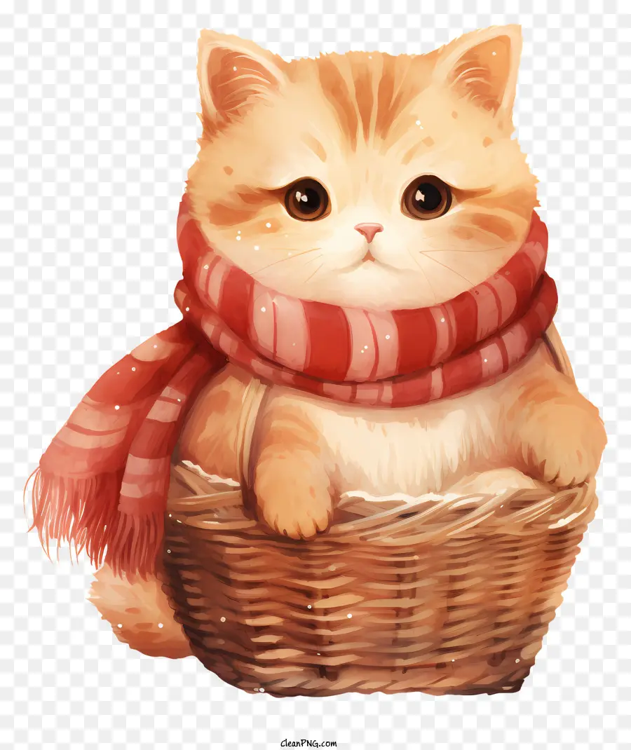 Netter Kätzchen Weidenkorb rotes Schal anstarrte Augen bezauberndes Gesicht - Nettes Kätzchen mit rotem Schal im Korb