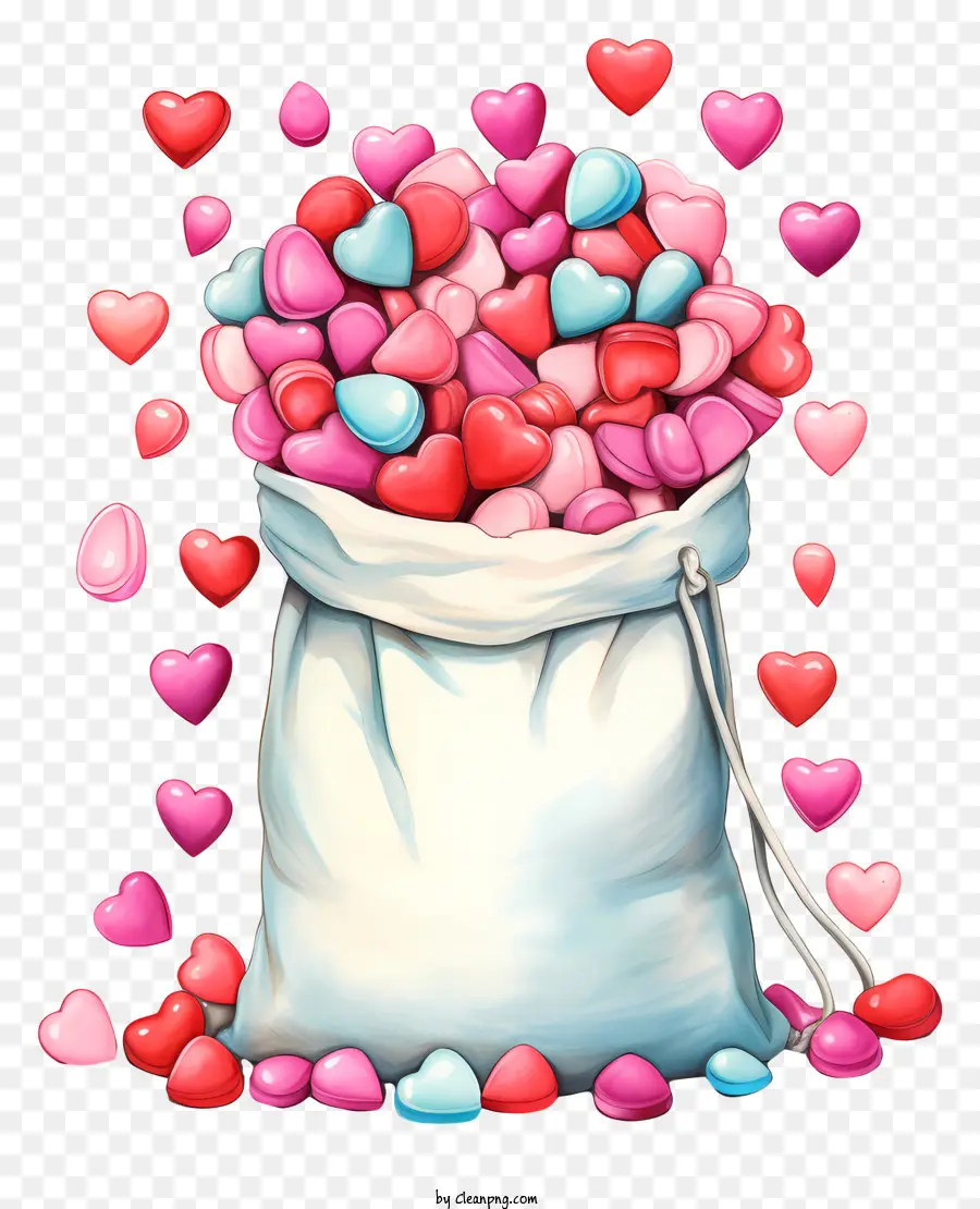 Valentinstag - Mehrfarbige Herzbonbons füllen den weißen Bag auf Schwarz