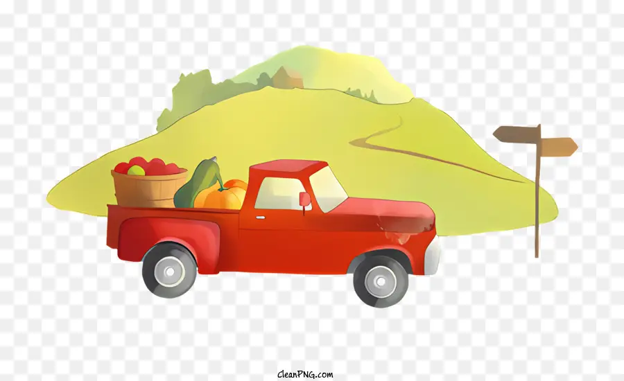 Pickup Lastwagen Rural Road Mountains Gemüse und Obst in der Nähe der Stadt - Roter LKW mit Produkten im ländlichen Gebiet geparkt