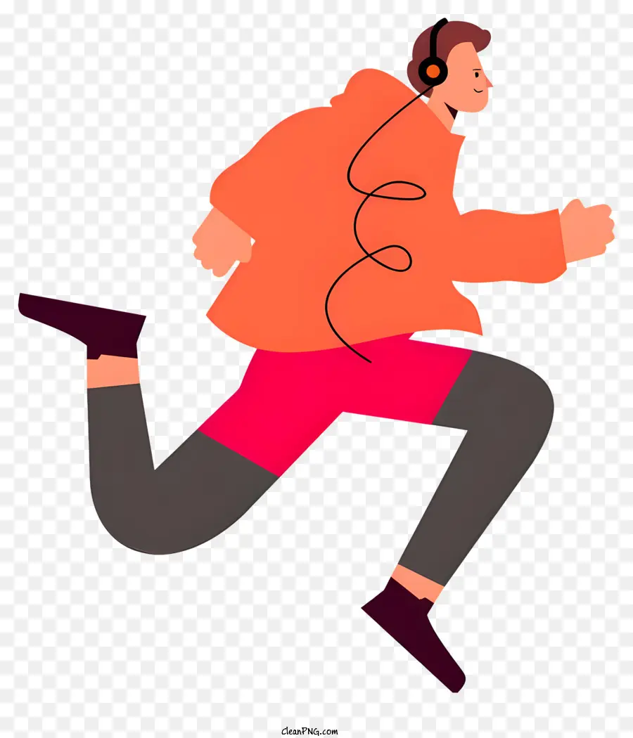 running orange jacket headphones arms out legs in motion