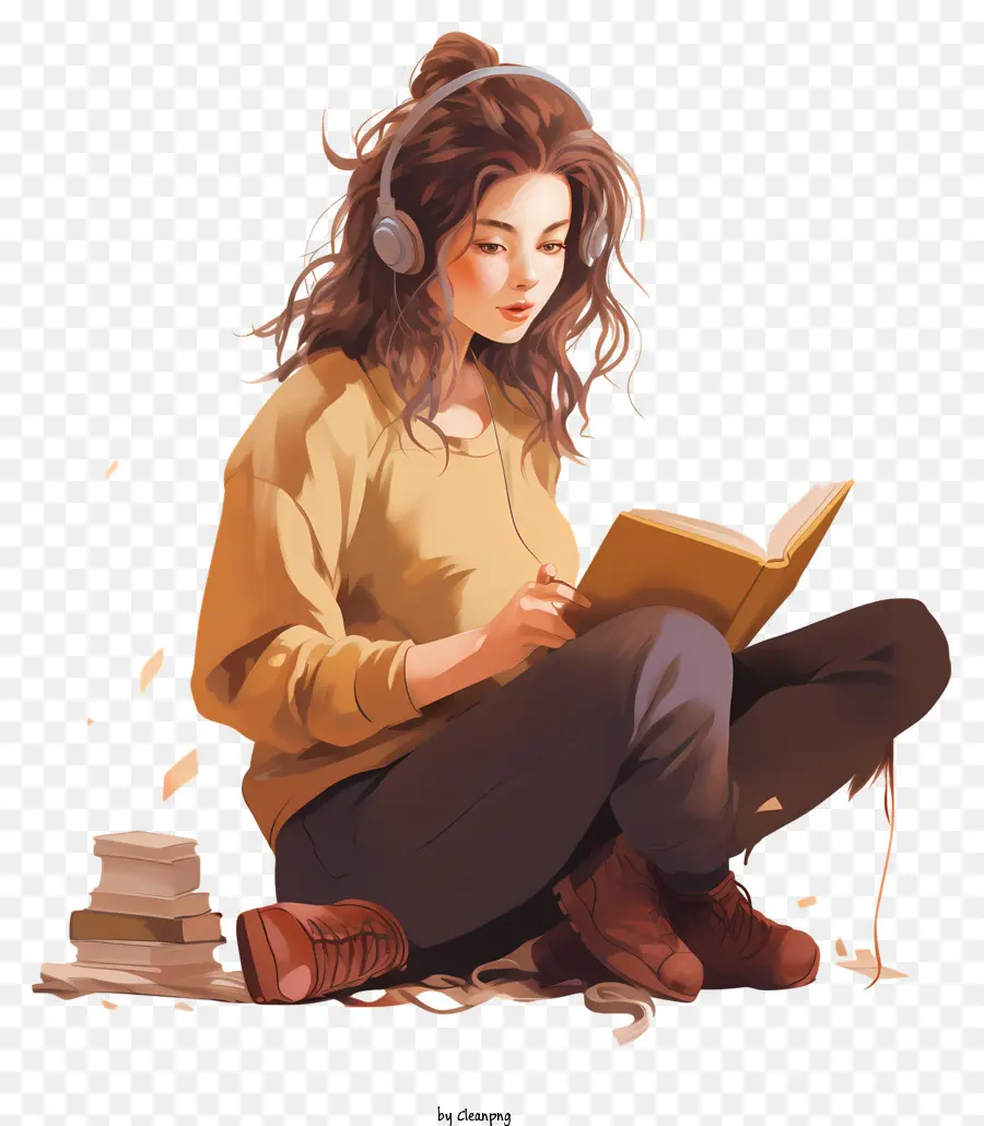 Stapel Bücher - Junge Frau liest Buch über unordentliches Boden