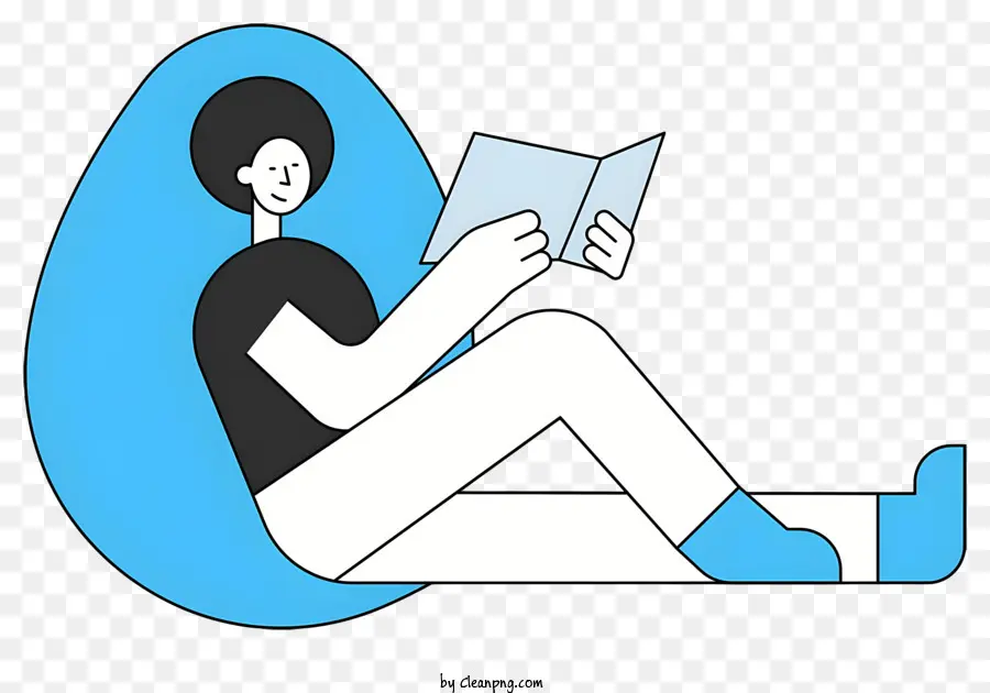 cartoon style representation person reading a book casual clothing blue armchair dimly lit room
