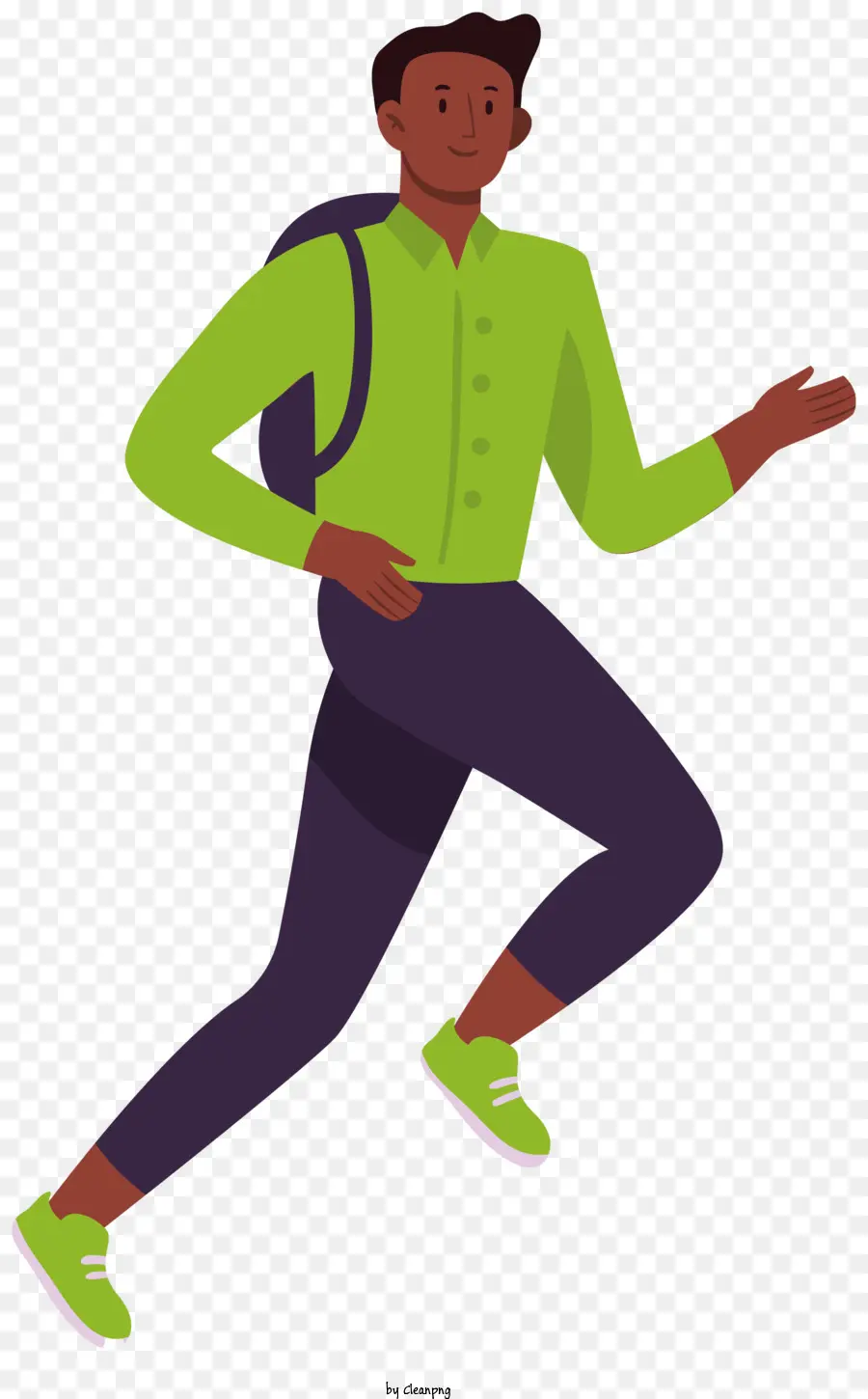 Running Man Backpack Green Shirt Pantaloni neri Scarpe nere - Uomo che corre con lo zaino, indossa una camicia verde