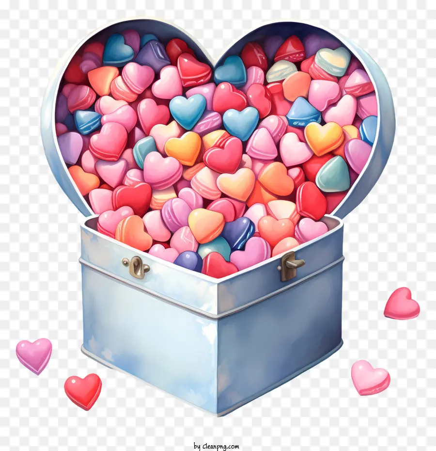 Herzförmige Box Metal Heart Box Buntes Marshmallow-Süßigkeiten Konfetti Pink und Red Confetti - Offene herzförmige Süßigkeitenschachtel, umgeben von Konfetti