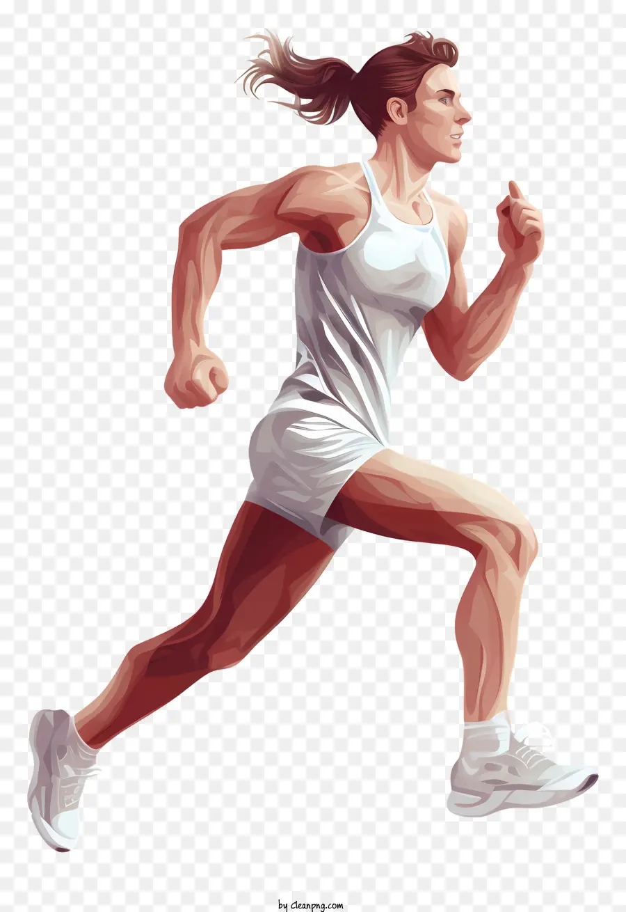 weibliche Läufer weißes Outfit schwarzer Laufschuh weißer Tennisschuh Pferdeschwanz - Weiblicher Läufer in weißem Outfit und nicht übereinstimmenden Schuhen