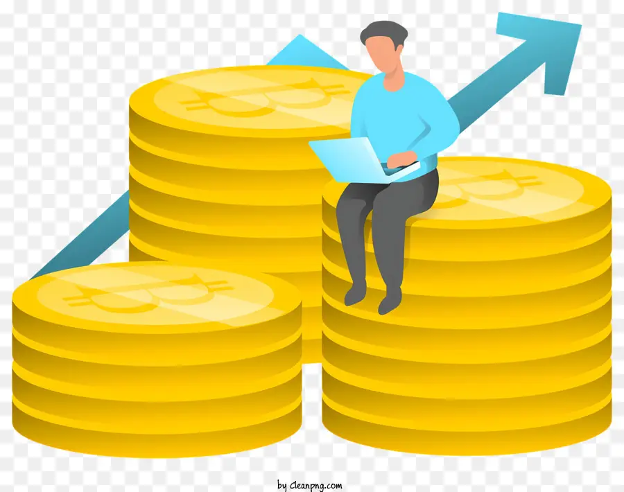 finanzieller Erfolg Vermögen Goldmünzen Laptop Pfeil nach oben zeigt nach oben - Person auf Goldmünzenhaufen arbeiten und erfolgreich