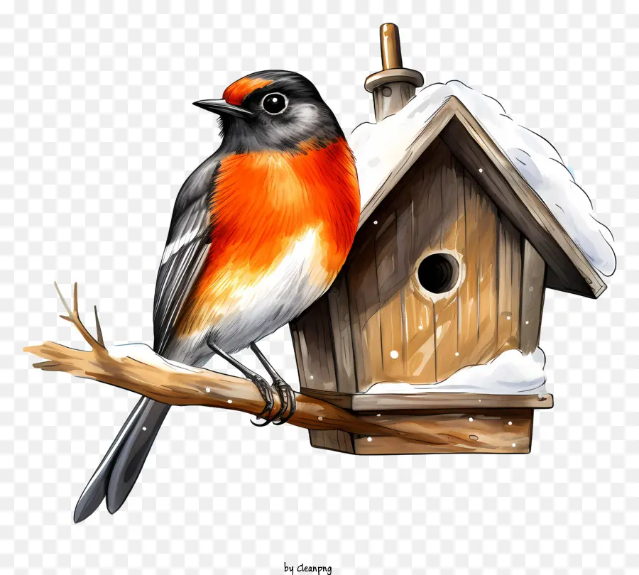 Kleine rote Vogelbirdhaus schneebedeckte Astwaldholz - Kleiner roter Vogel auf Holzvogel im schneebedeckten Wald