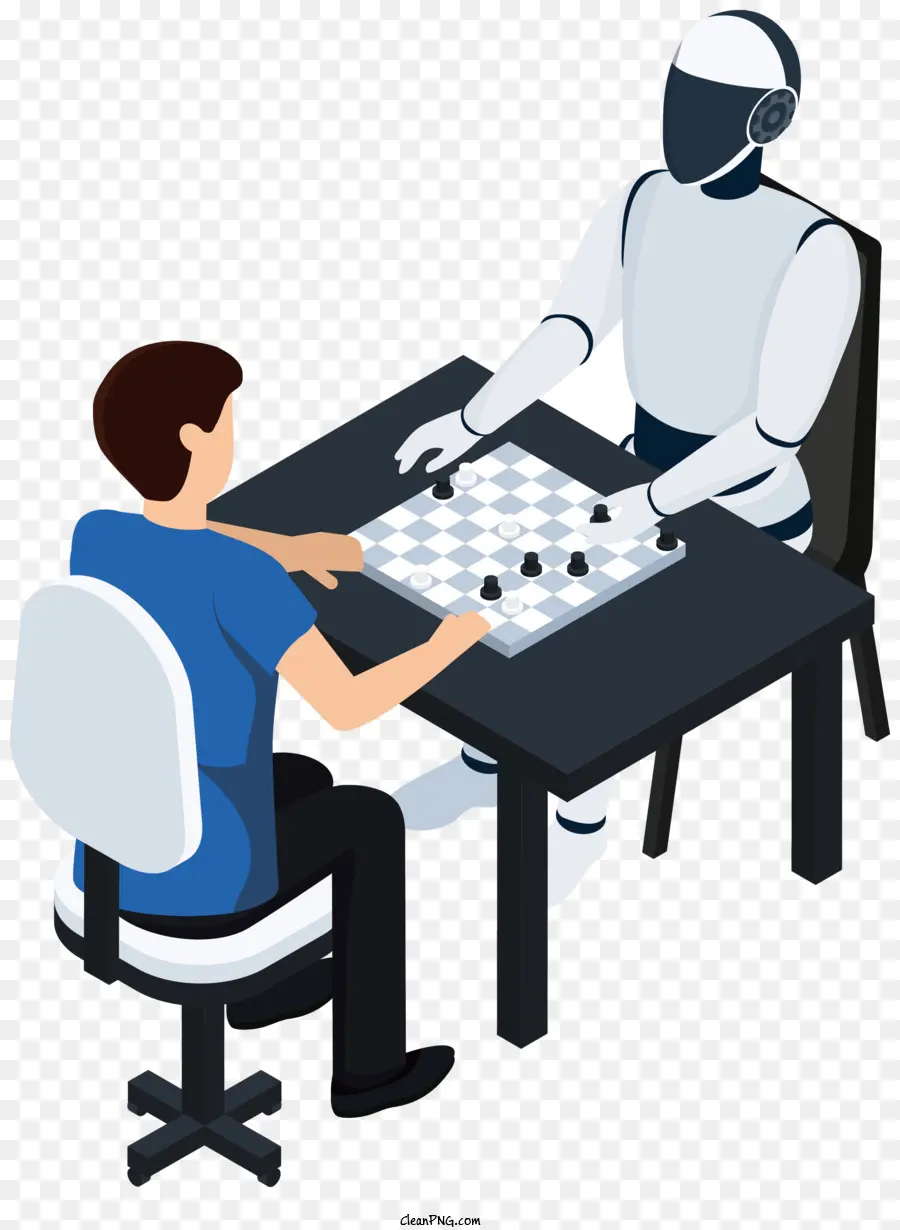 Schachspiel Schachbrett Schachstücke Roboteranzug - Roboter und Person spielen Schach mit verstreuten Stücken