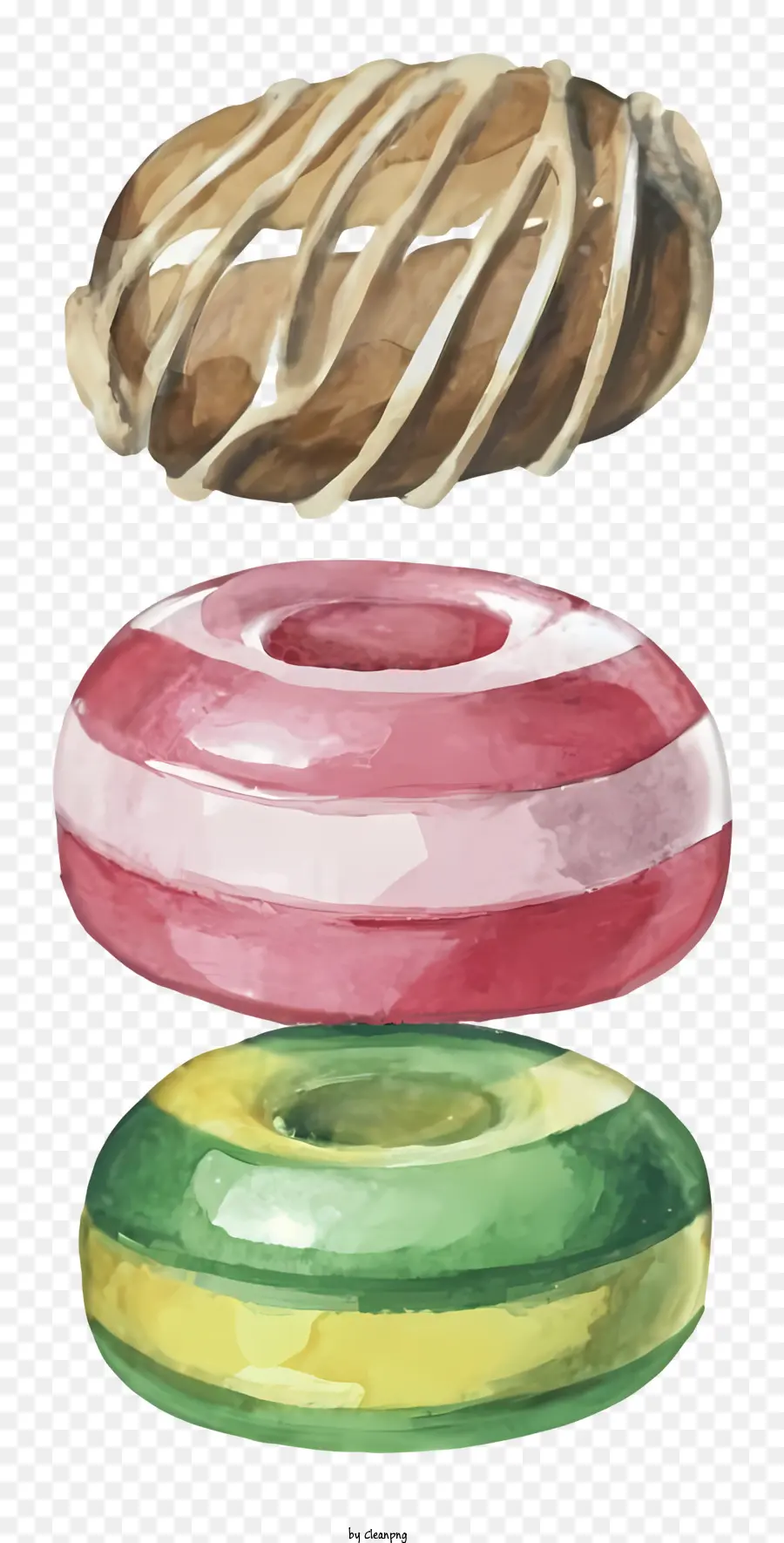 Donuts Schokoladen-Donut-Creme-Donut Green Donut Yellow Donut - Drei Arten von Donuts auf schwarzem Hintergrund