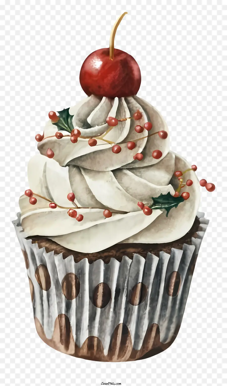 cupcake cream frosting red cherry polka dots dark background