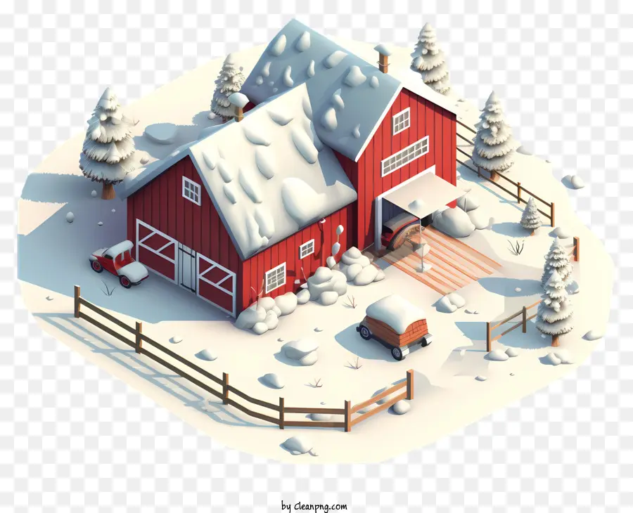 trang trại màu đỏ cảnh quan tuyết phong cảnh tuyết - Trang trại tuyết với chuồng trại, cây cối và hàng rào