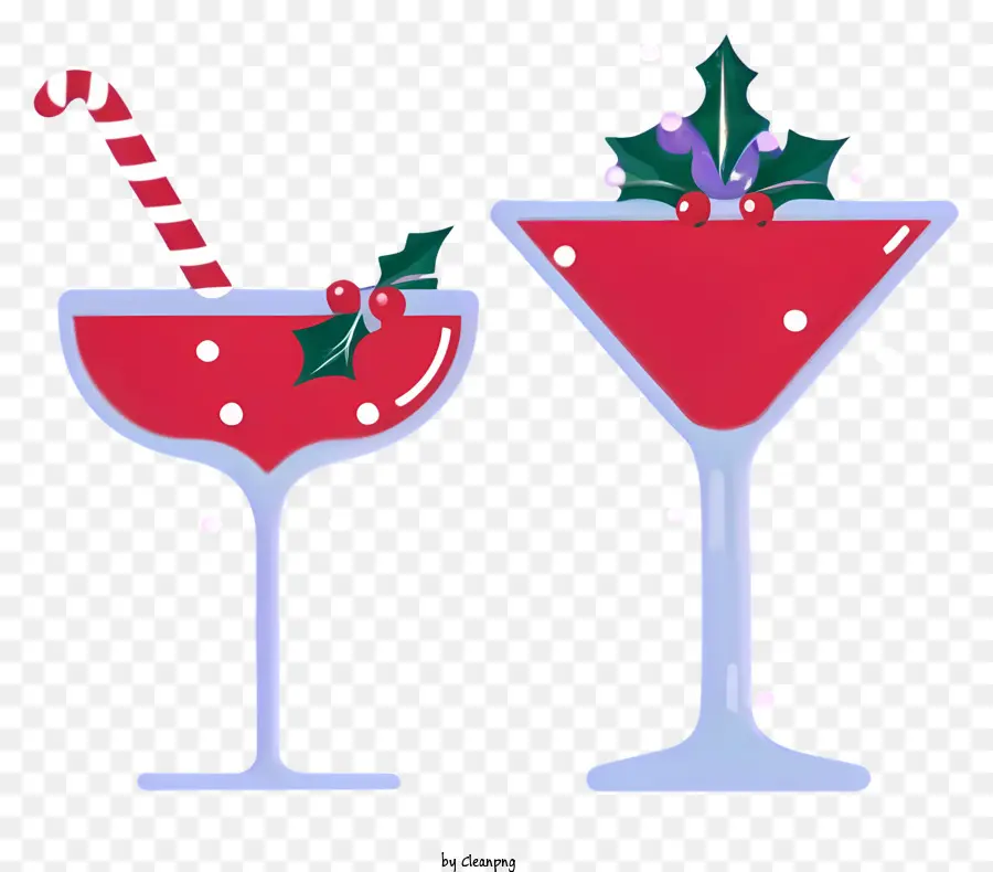 Zuckerstange - Zwei rote Cocktails mit Holly -Beeren und Süßigkeitsrohr auf schwarzem Hintergrund