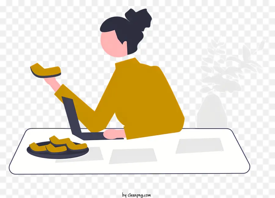 Frau Mahlzeit Tischdecke isst gelbes Hemd - Frau, die mit gelbem Hemd am Tisch isst