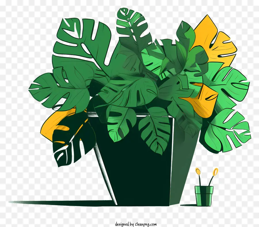 pianta di cartoni animati pianta fantasy foglie verde pentola foglie gialle - Pianta di cartoni animati con foglie verdi e gialle