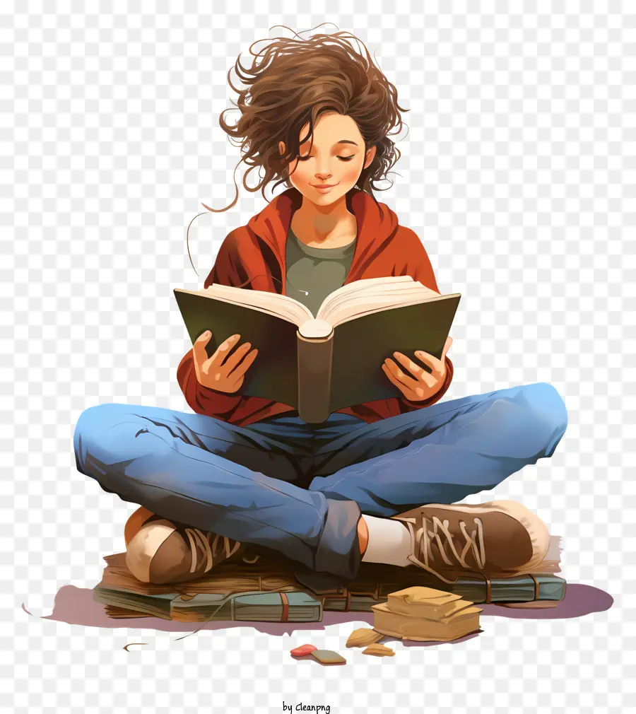Leggere le riviste di libri Introspective rilassati - Persona circondata da libri, persa nella lettura