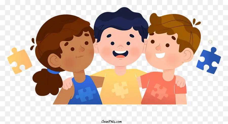 bambini che abbracciano camicia blu gialla sorridente - Tre bambini che abbracciano, pezzi di puzzle sparsi