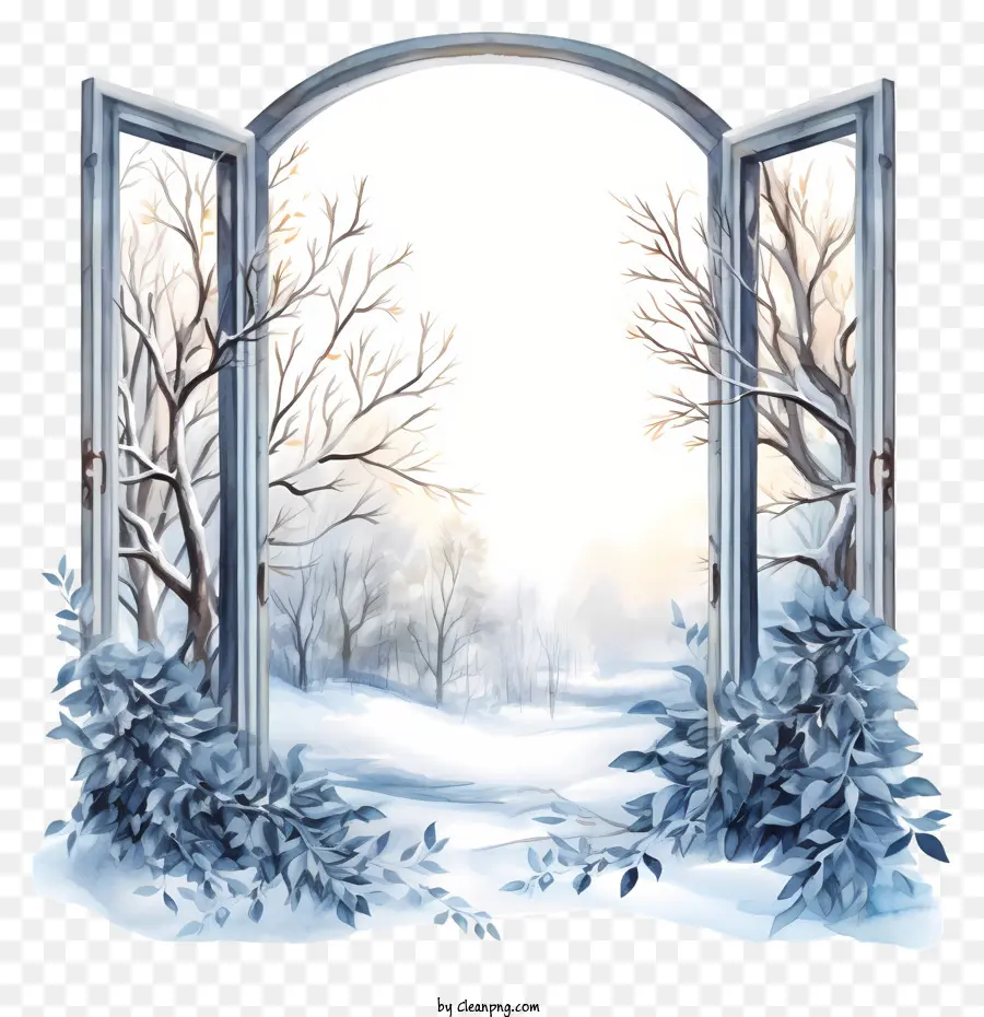 Paesaggio invernale dipinto di alberi coperti di neve nuvole di cielo azzurro nel cielo riflesso della luce sulla neve - Dipinto di paesaggio invernale con alberi, neve e finestra